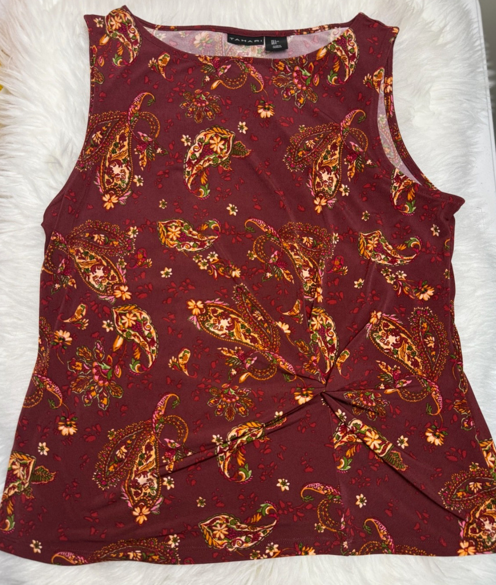 Tahari Womens Large Burgundy Paisley Sleeveless Twist Front Knit Blouse Stretch
